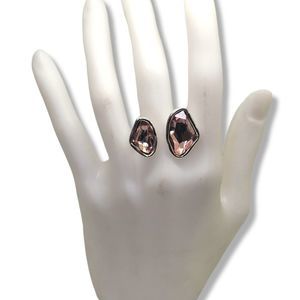 Simulated Morganite Crystal Freeform Silvertone Hammered Finish Ring